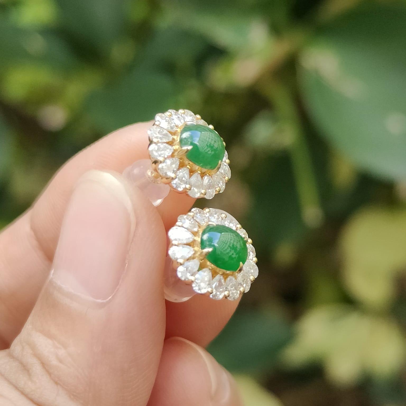 Latest New Arrival Premium High-Quality Pair of Green Cabochons Stud Earrings set on 18k gold on Natural Type A Jadeite Jade certificate weighs 2.19 grams (18kp03) Yi Pin Qian Jadeites Jade Jewelry ~Your Precious Quintessential ~ Singapore