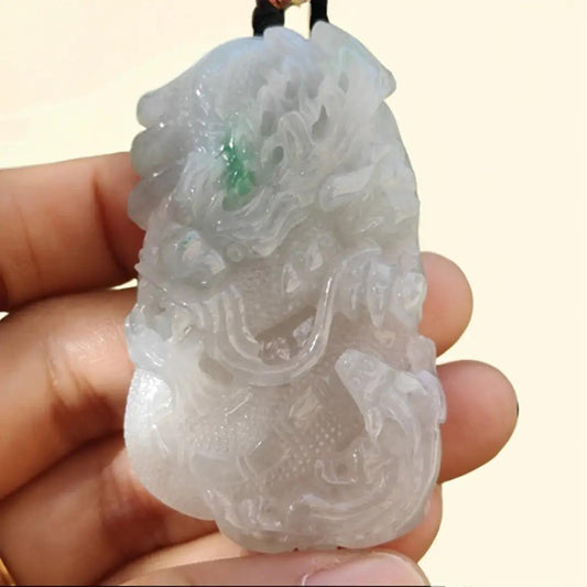 High Quality Semi Icy Translucent Light Green Light Lavender Natural Type A Jadeite Jade crafted with Dragon as Pendant, certificate weighs 35.24 grams, measurement 55.7 * 33.3 * 13.3 mm (pendant264) Yi Pin Qian