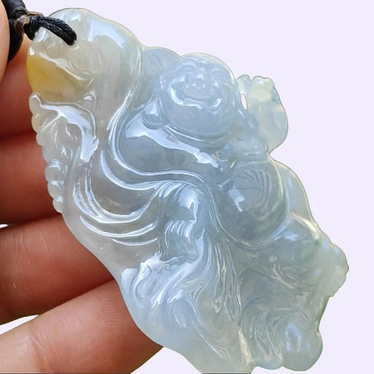 High Premium Light Lavender and Yellow Natural Type A Jadeite Jade crafted with Milo Buddha as Pendant, certificate weighs 49.13 grams, measurement 58.6 * 39.5 * 18.7 mm (pendant284) Yi Pin Qian