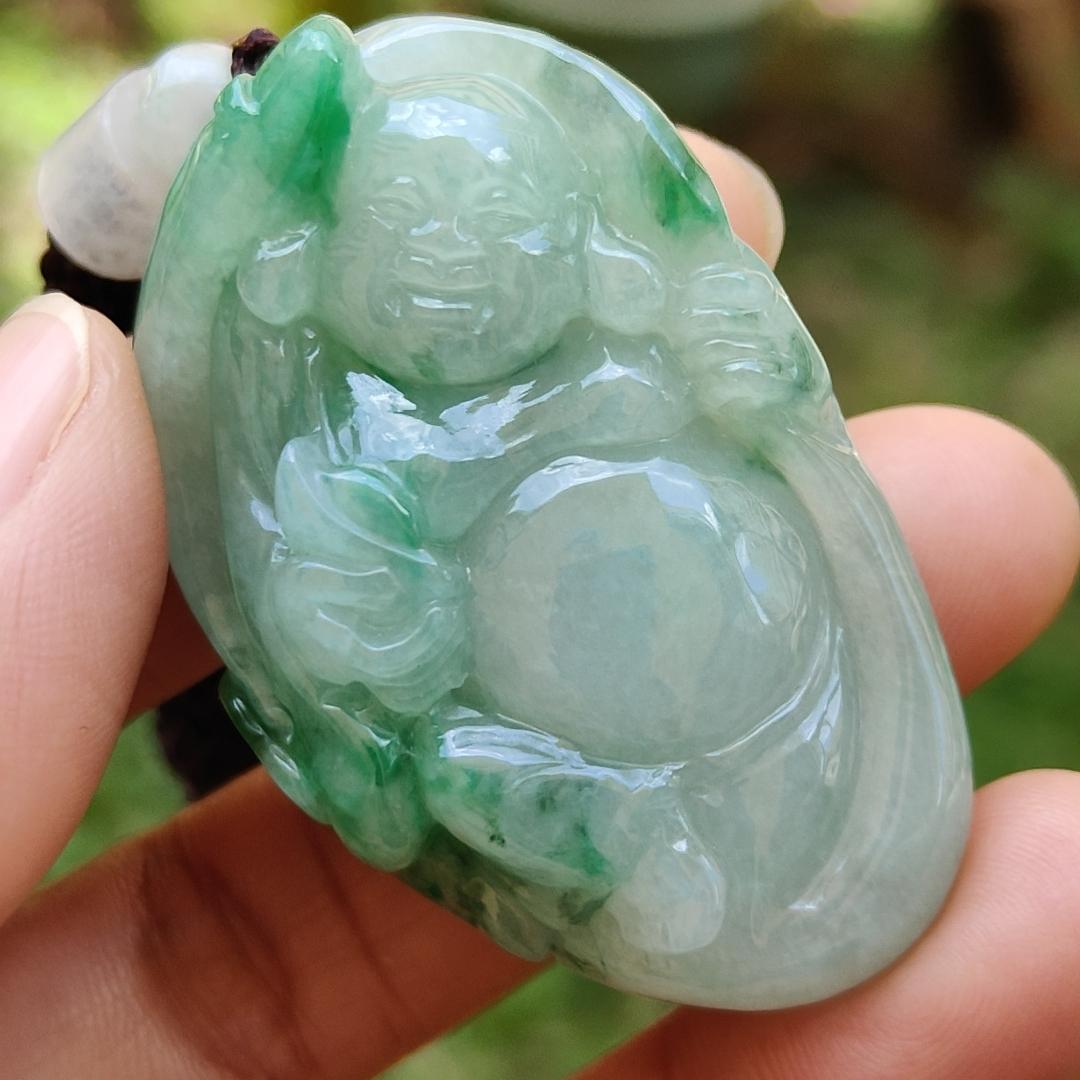 Rare High Quality Light Green and Green Natural Type A Jadeite Jade crafted with Milo Buddha as Pendant, certificate weighs 28.04 grams, measurement 46.3 * 30.3 * 13.9 mm (pendant285) Yi Pin Qian