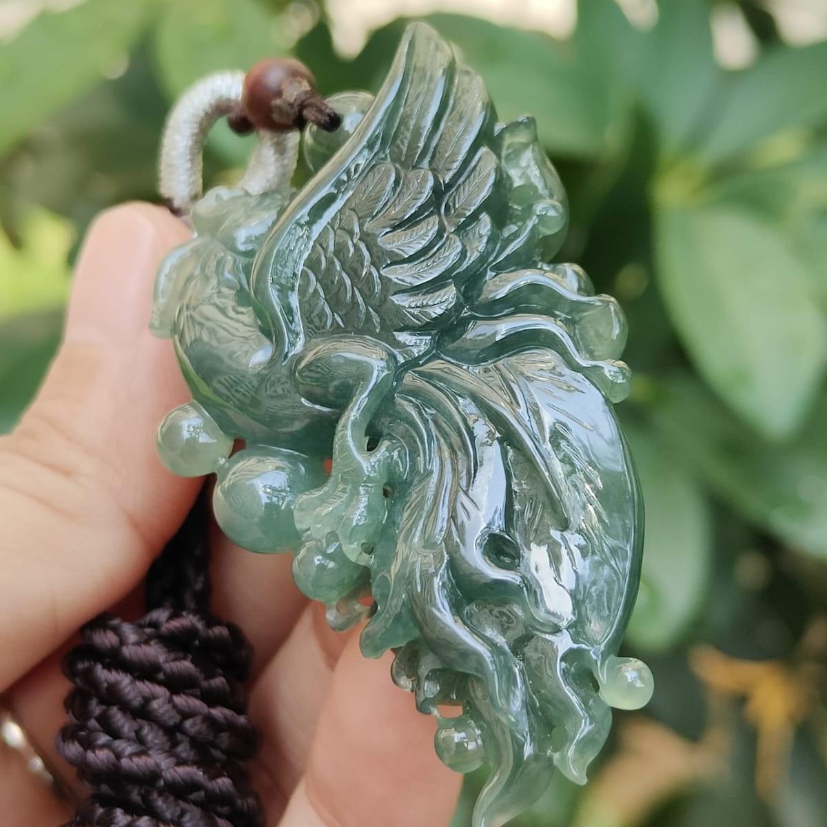 Green High Quality Natural Type A Jadeite Jade New arrival crafted as Phoenix, Pendant, certificate weighs 32.81 grams, measurement 58.6 * 34.5 * 12.3 mm (pendant326) Yi Pin Qian Jadeites Jade Jewelry ~Your Precious Quintessential ~ Singapore