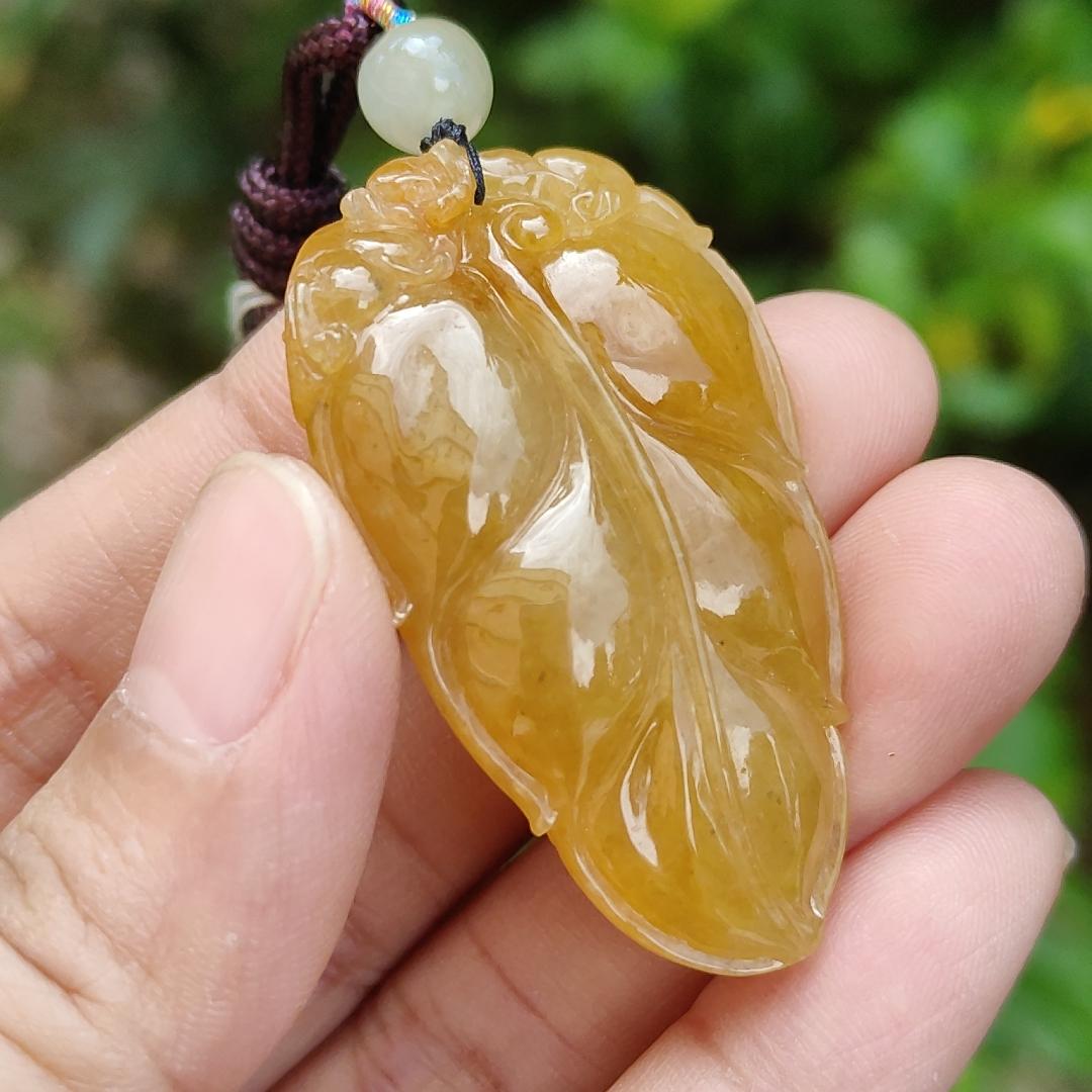 Very fine and old full Yellow Natural Type A Jadeite Pendant carved as a leave and a Mythical Beast on it with certificate weight 16.02 grams, 44 * 26 * 10 mm meaning Good luck and auspiciousness (pendant107) Yi Pin Qian