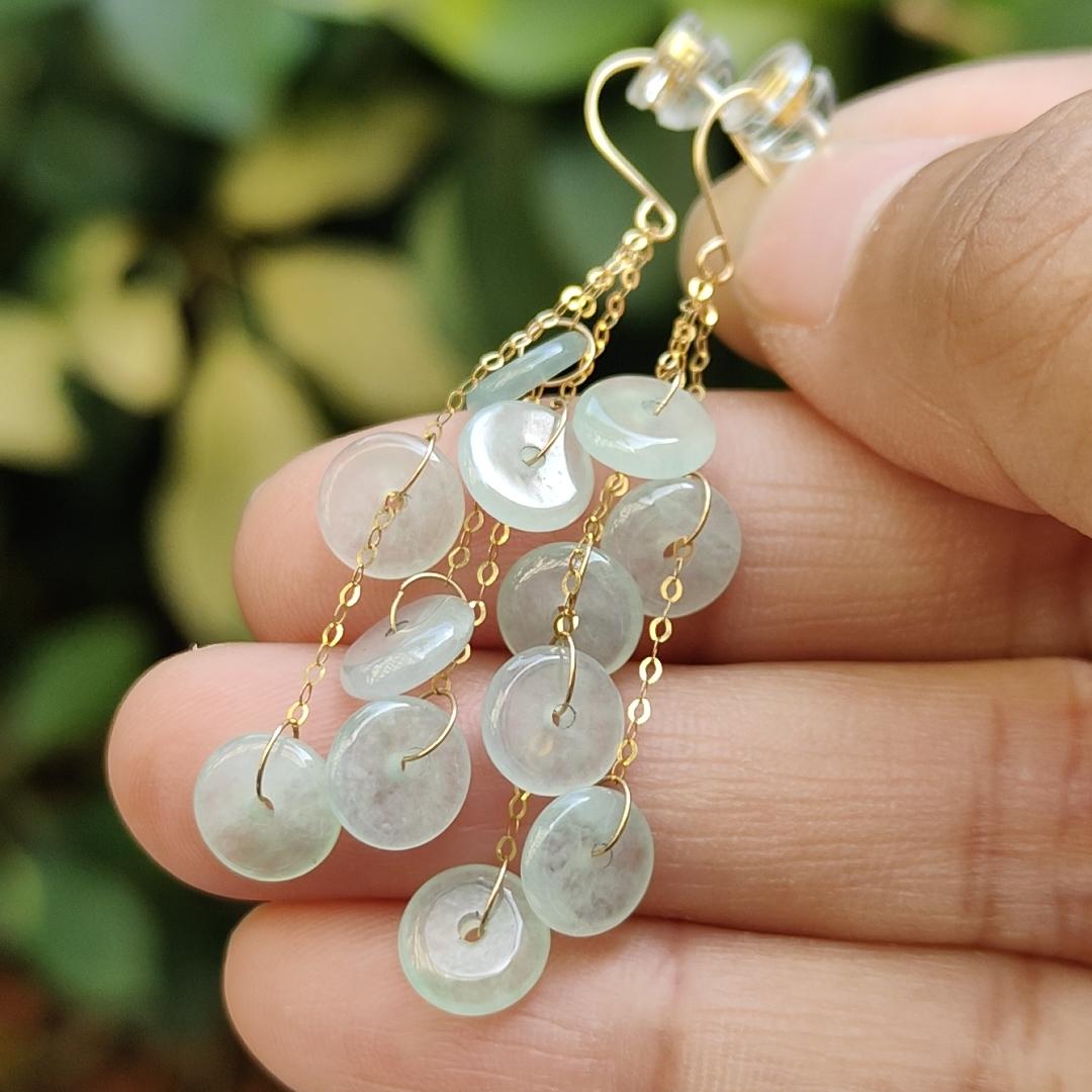 Pair of Hook Earrings set with 18k Gold on 12 Dounut shape Natural Type A Jadeite Jade, certificate weighs 2.84 grams measurement 7 * 2mm (18k04) Yi Pin Qian Jadeites Jade Jewelry ~Your Precious Quintessential ~ Singapore