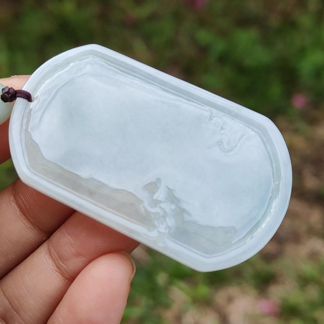 Quality Semi Icy White and Light Green Patches Natural Type A Jadeite Jade crafted with sceneries as pendant with QIC labs approved certificate weigh 24.89 grams, measurement 54 * 32 * 4.5 mm (pendant227) Yi Pin Qian