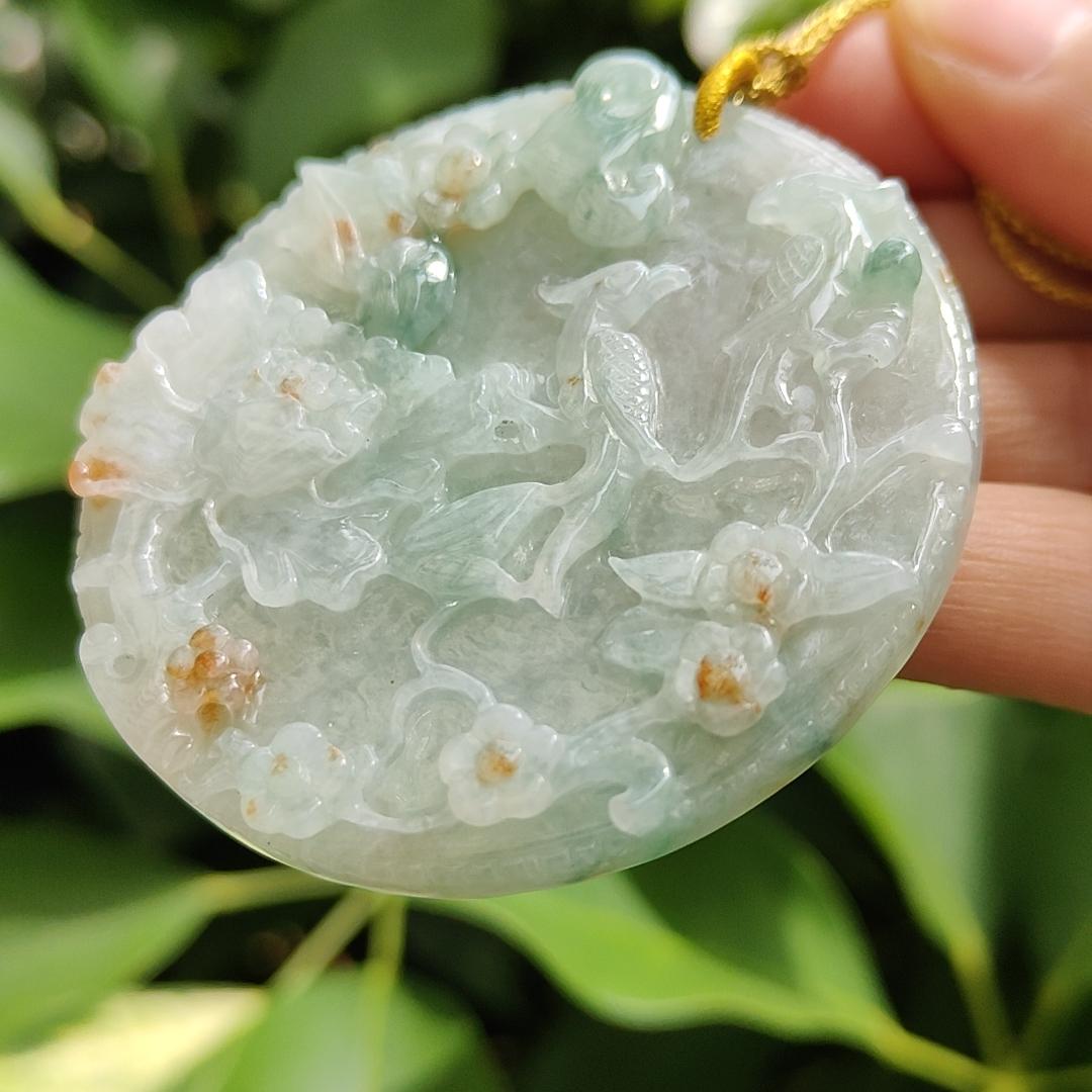 Crafted with Flowers and Birds on Light Green Hue with Green and Golden Yellow Patches Natural Type A Jadeite Jade as Pendant, certificate weighs 39.24 grams, measurement 56.3 * 56.3 * 7.2 mm (pendant307) Yi Pin Qian Jadeites Jade Jewelry ~Your Precious Quintessential ~ Singapore