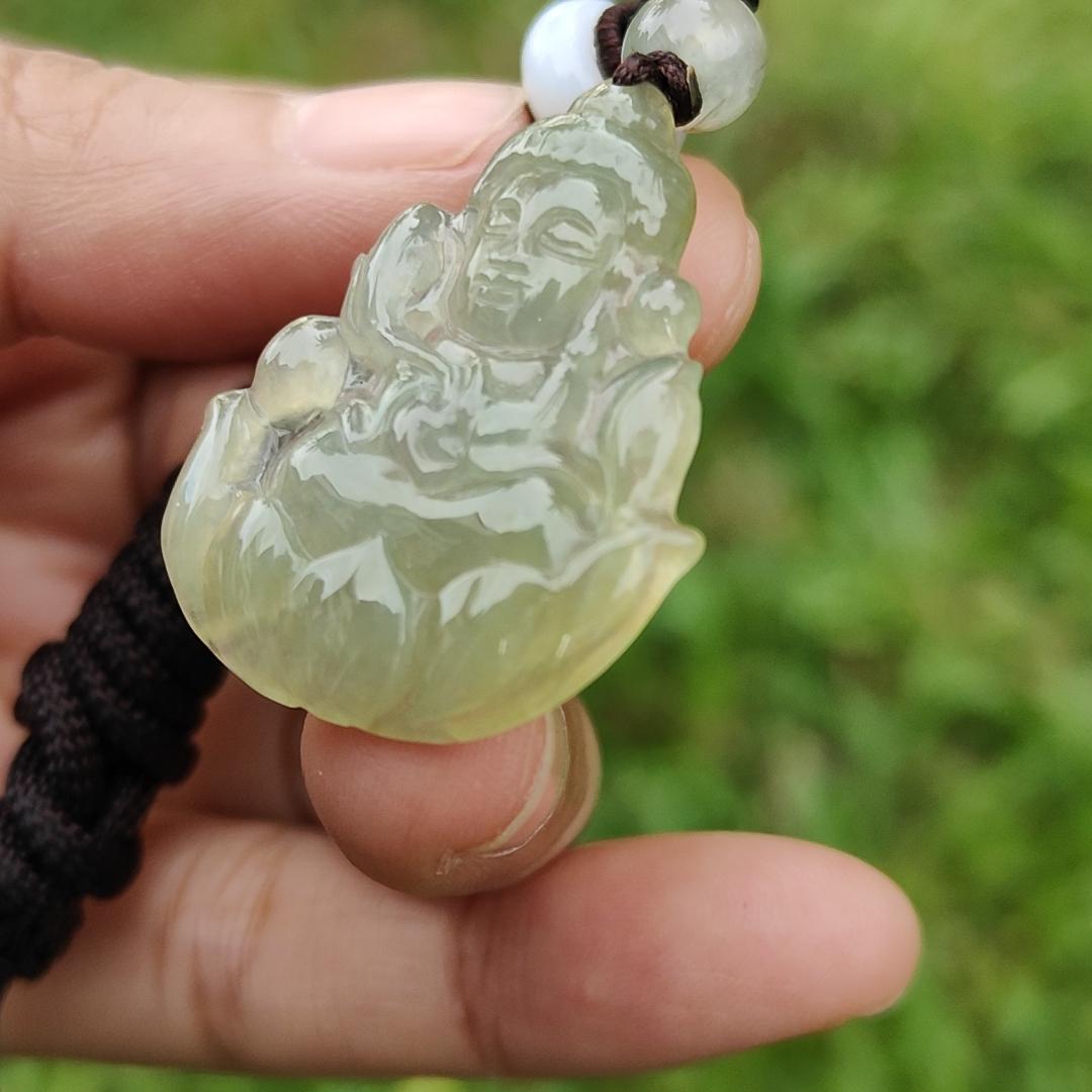 Icy Yellow Natural Type A Jadeite Pendant Necklace crafted as Baby Guanyin seating on Lotus, with certificate weigh 4.78 grams, measurement 31.5 * 26 * 4.3 mm (pendant40) Yi Pin Qian