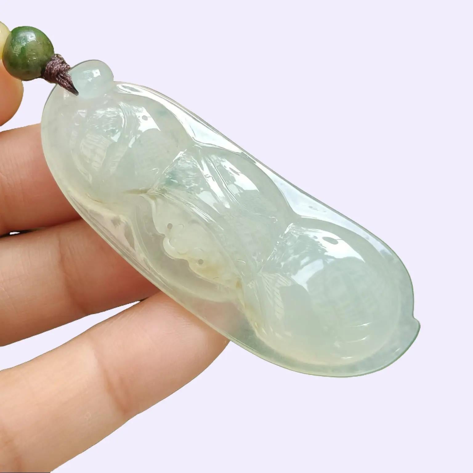 Bean with bat pendant crafted on Icy Translucent Natural Type A Jadeite Jade, certificate weighs 23.26 grams, measurement 56.3 * 22 * 10.7 mm (pendant394) Yi Pin Qian Jadeites Jade Jewelry ~Your Precious Quintessential ~ Singapore