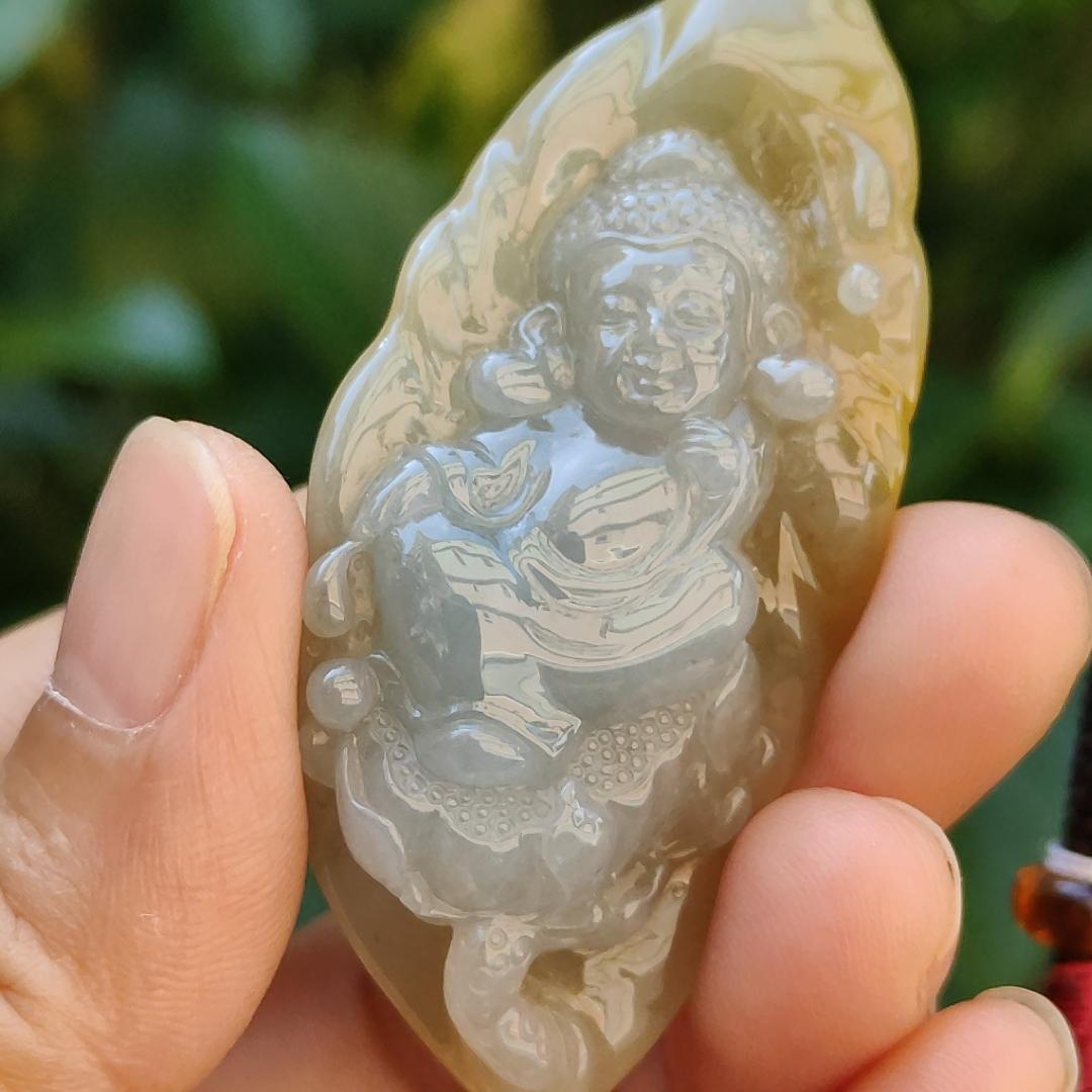 Very Rare Light Lavender and Lemon Yellow with Brown Natural Type A Jadeite pendant carved with baby buddha, certificate included weighs 20.13 grams, 57.90 * 26.80 * 11.20 mm, suitable for daily wear (pendant86) Yi Pin Qian