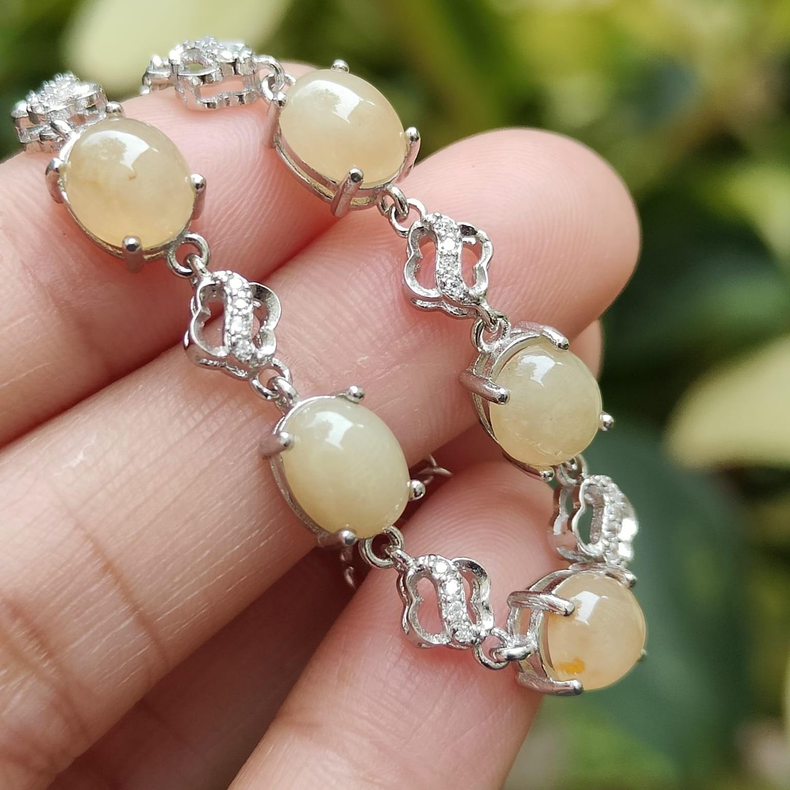 5 Good size Quality Brownish Yellow Cabochons crafted on Natural Type A Jadeite Jade set on S925 as Bracelet certificate weighs 5.43 grams (s925b3) Yi Pin Qian Jadeites Jade Jewelry ~Your Precious Quintessential ~ Singapore