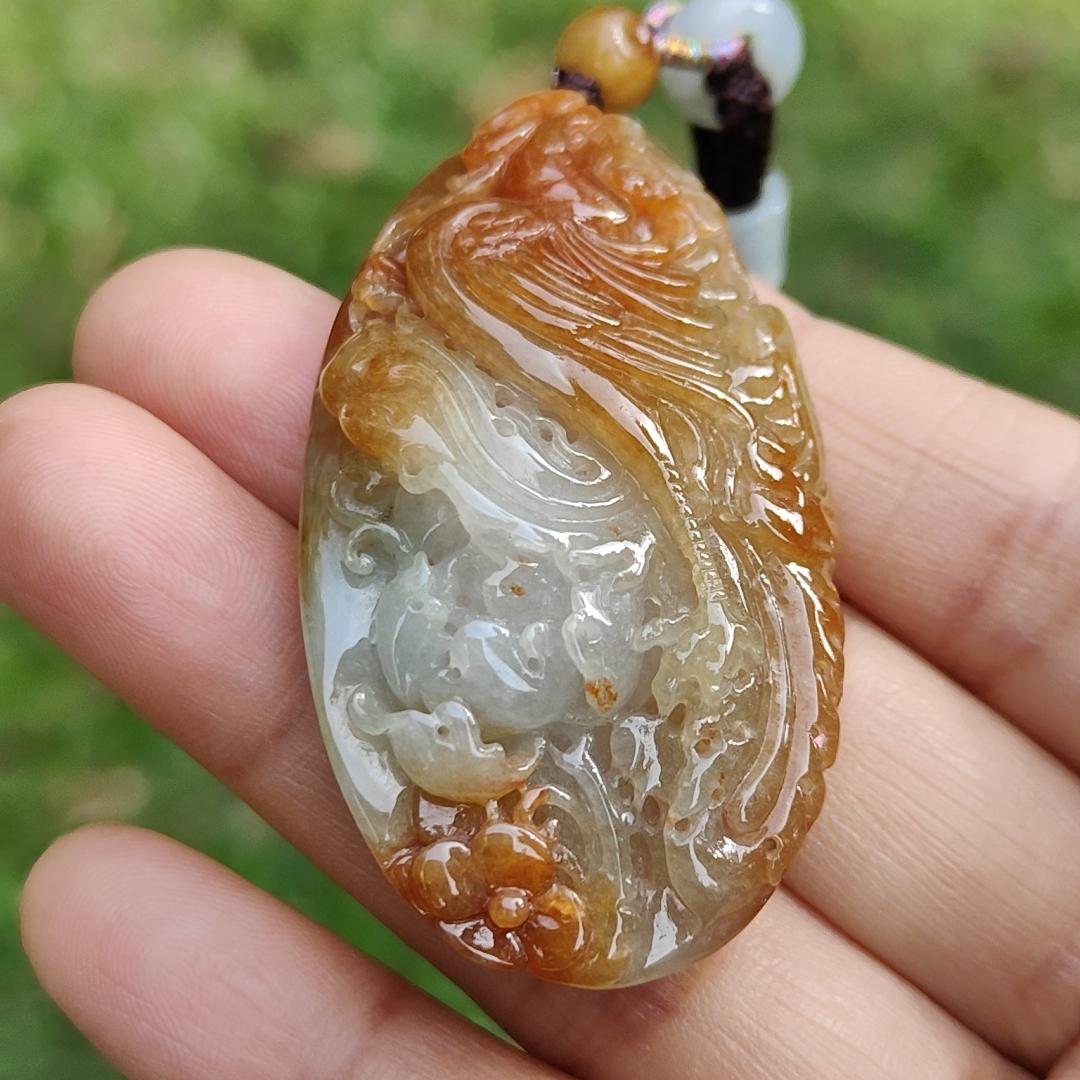Rare Light Green with Red Natural Type A Jadeite Jade crafted as Phoenix to use as Pendant, certificate weighs 27.45 grams, measurement 52.3 * 28.5 * 12.5 mm (pendant279) Yi Pin Qian