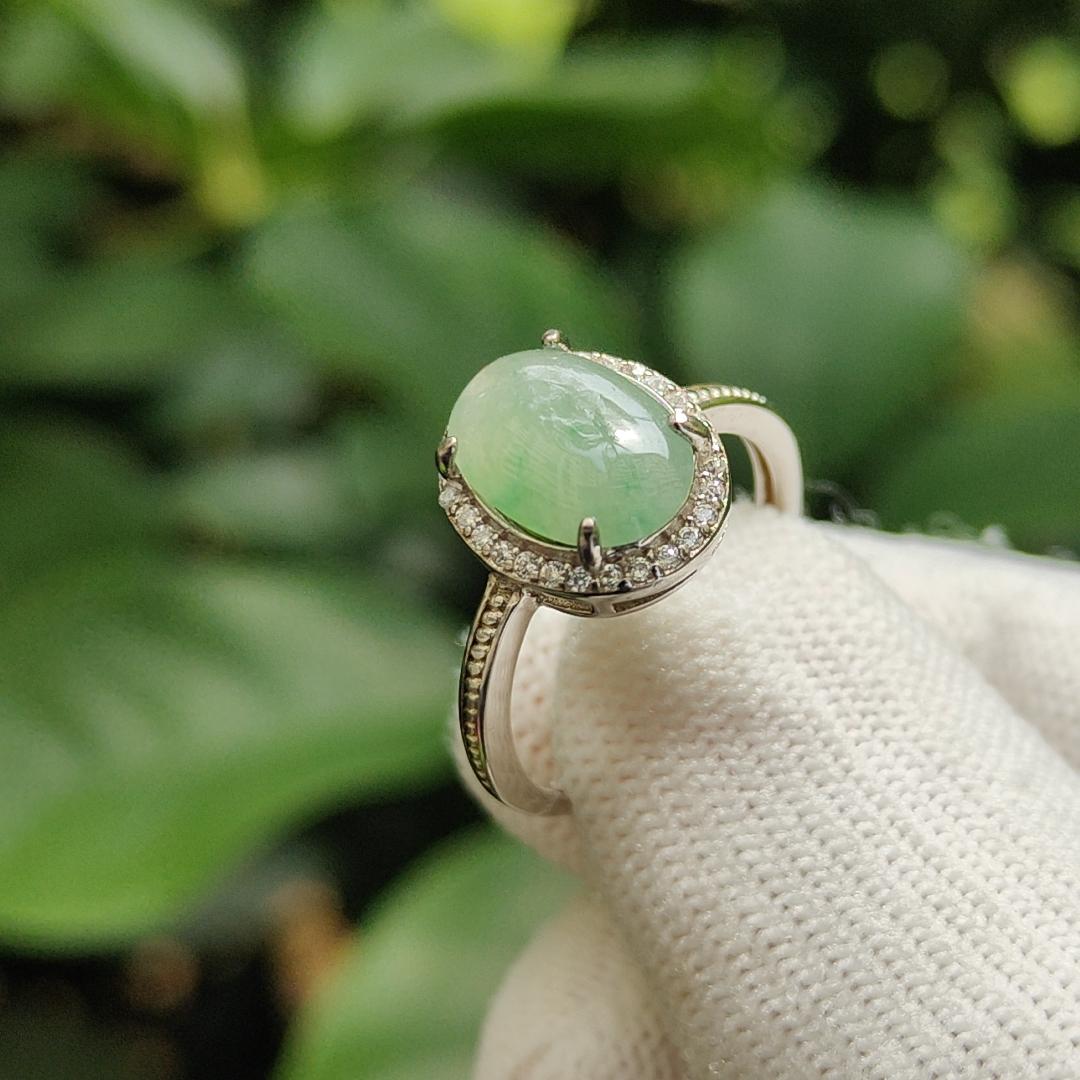 Crafted as Cabochon size 10.7 * 8 * 3mm on Light Green Natural Type-A Jadeite-Jade set with S925 adjustable as Ring, QIC approved Certificate weighs 2.25 grams (s925ring18) Yi Pin Qian Jadeites Jade Jewelry ~Your Precious Quintessential ~ Singapore