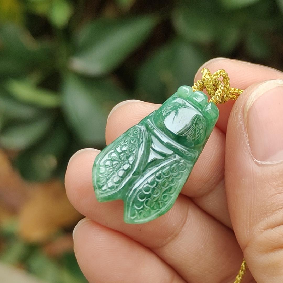 #Sold - Green Cicada crafted on Natural Type A Jadeite Jade as Pendant with SG Local Seller certificate weighs, 4.49 grams, measurement 25.1 * 15 * 6.8 mm (pendant335)