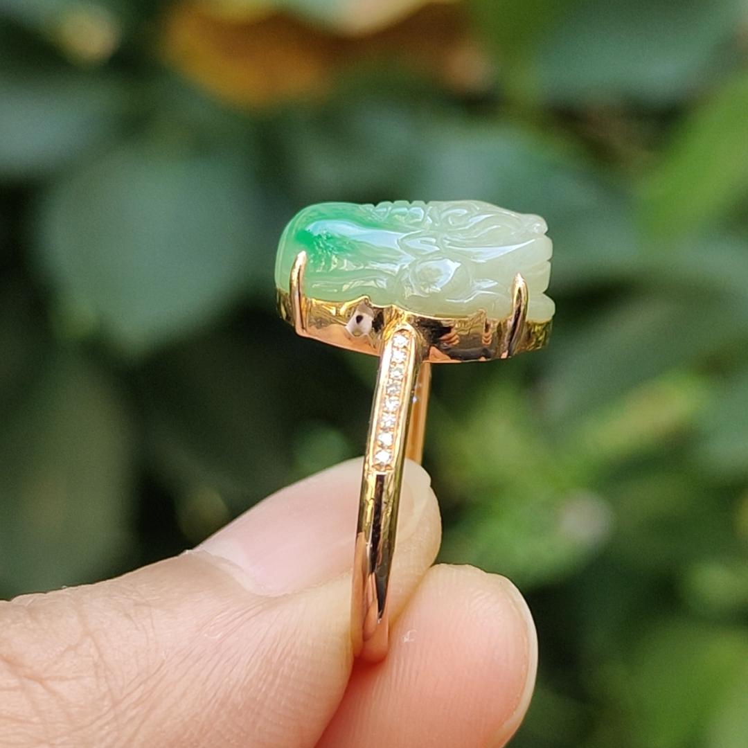Local SG Seller - Very Beautiful 18k Gold Ring set with High Quality Natural Jadeite Jade crafted as Pixiu certificate weighs 2.82 grams, measurement 14.6 * 9.3 * 6.1 mm (18kring33) Yi Pin Qian Jadeites Jade Jewelry ~Your Precious Quintessential ~ Singapore