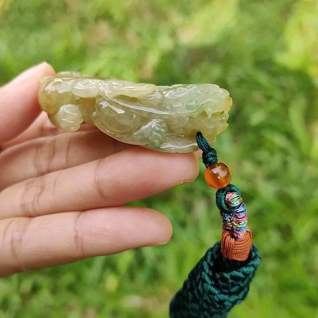 Premium Yellow Natural Type A Jadeite Pendant Necklace Crafted as Pixiu with Ruyi and Coin, certificate included weigh 39.48 grams, measurement 56.8 * 28.8 * 13 mm, suitable for daily wear and collectible (pendant41) Yi Pin Qian