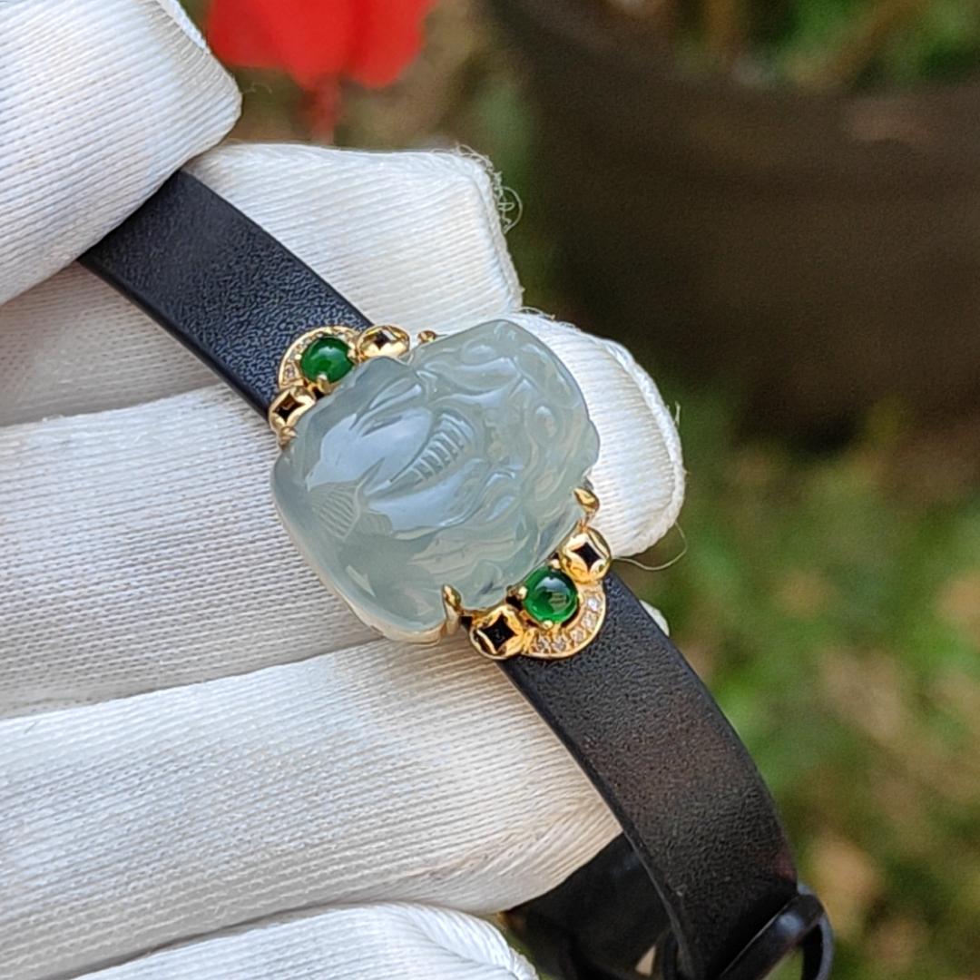 Light Green Hue Natural Type A Jadeite Jade crafted as Pixiu set on 18k Gold with 2 Green Cabochon and diamonds, adding PU wrist band upgraded elegant style bracelet, certificate weigh 4.44 grams, measurement 16.6 * 14.1 * 7.5 mm (18kpw1) Yi Pin Qian