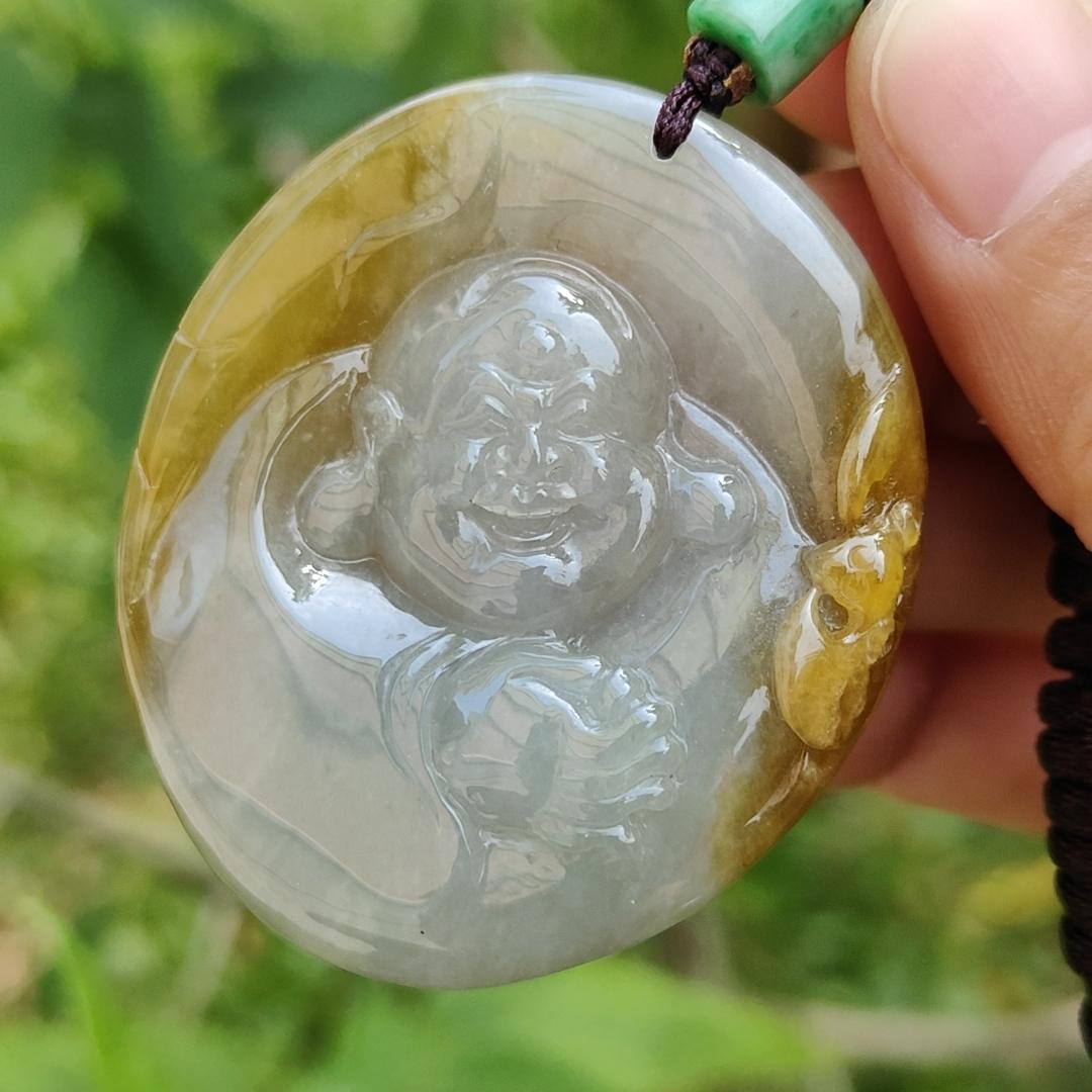 Collectible Yellow with light green Natural Type A Jadeite Jade Pendant Necklace crafted as Milo Buddha, certificate included weigh 38.28 grams, measurement 48.7 * 42.8 * 11 mm (pendant184) Yi Pin Qian