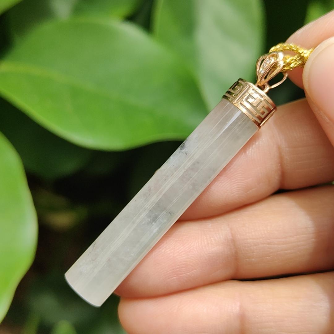 Good Translucent Icy Natural Type-A Jadeite-Jade crafted with shape of cylindrical set with 18k gold clasp as Pendant, certificate weighs 6.96 grams, measurement 43.8 * 8.1 * 7.1 mm (18kp64) Yi Pin Qian Jadeites Jade Jewelry ~Your Precious Quintessential ~ Singapore