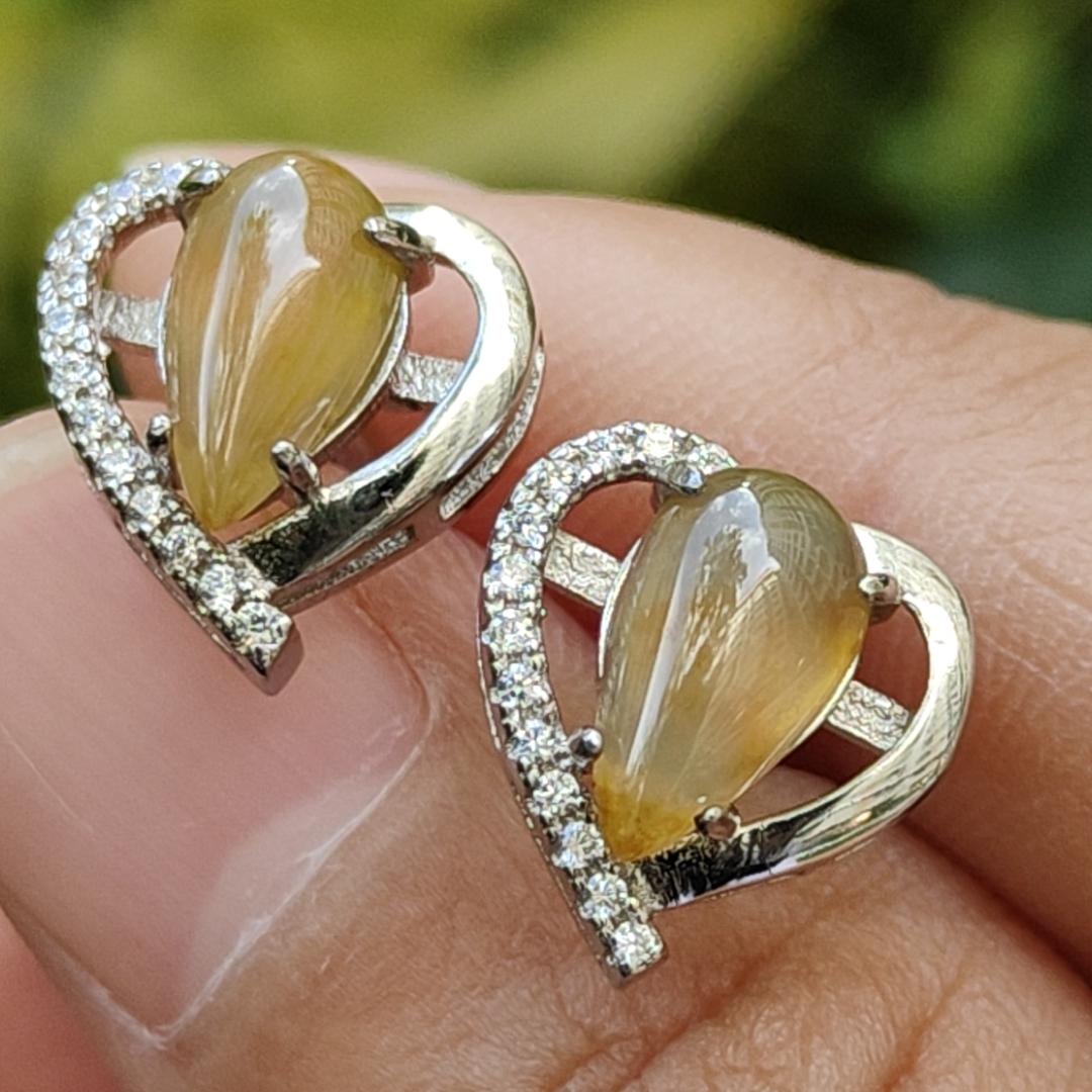 Icy Yellow Natural Type A Jadeite Jade set with S925 as Stud Earrings certificate weighs 2.24 grams (s925es1) Yi Pin Qian Jadeites Jade Jewelry ~Your Precious Quintessential ~ Singapore