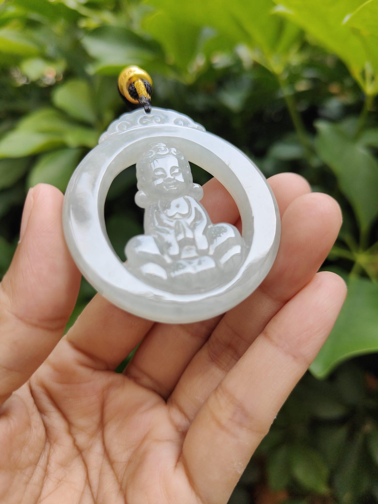 Rare Collection for Collector, Light Green Hue Type A Natural Jade Jadeite crafted with Baby Buddha as Pendant, certificate weighs 29.15 grams, measurement 53.9 * 47.6 * 6.8 mm (pendant306) Yi Pin Qian Jadeites Jade Jewelry ~Your Precious Quintessential ~ Singapore