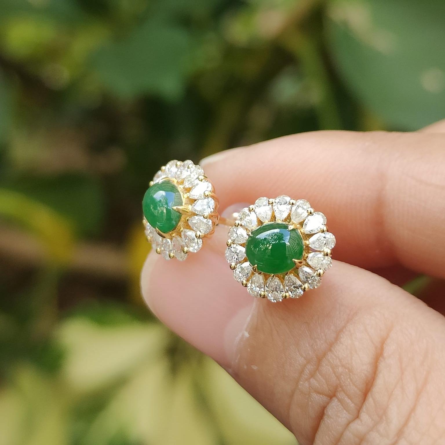 Latest New Arrival Premium High-Quality Pair of Green Cabochons Stud Earrings set on 18k gold on Natural Type A Jadeite Jade certificate weighs 2.19 grams (18kp03) Yi Pin Qian Jadeites Jade Jewelry ~Your Precious Quintessential ~ Singapore