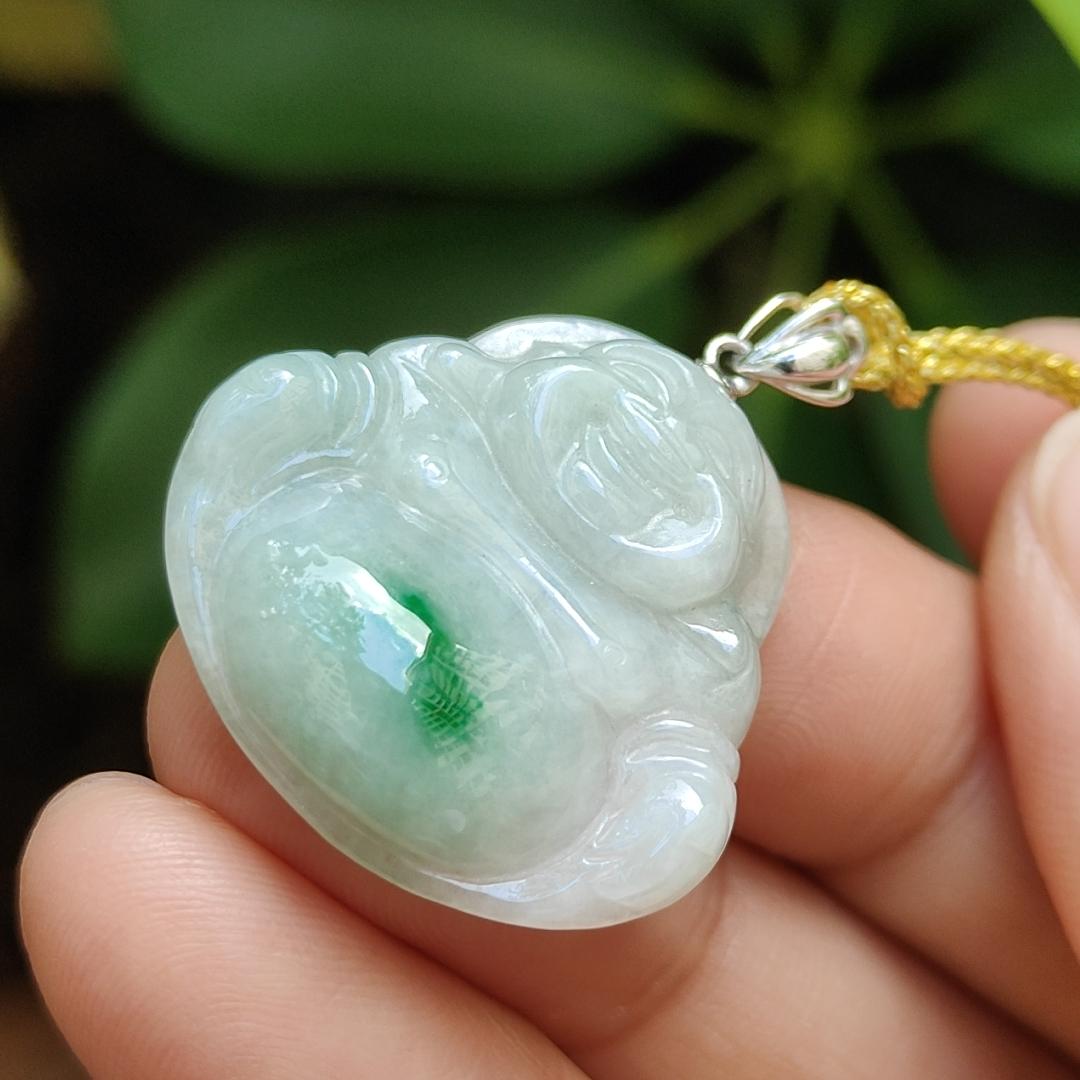 18k Gold Crasp added for Pendant crafted as Milo Buddha with Green Patch Natural Type A Jadeite Jade, certificate weighs 5.01 grams, measurement 24.3 * 25.8 * 5.8 mm (18kp73) Yi Pin Qian Jadeites Jade Jewelry ~Your Precious Quintessential ~ Singapore