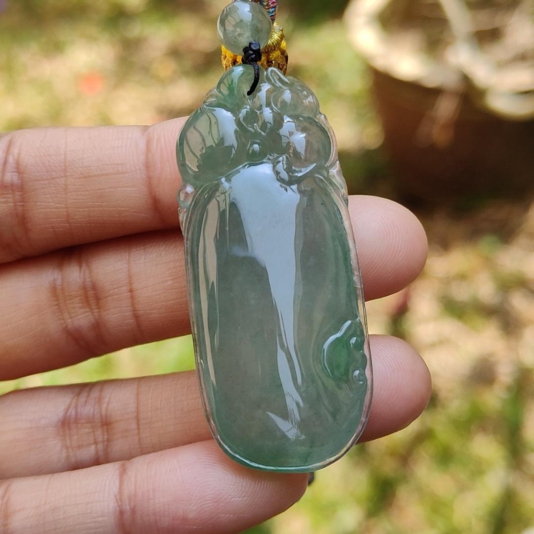 Premium Quality Icy Translucent Green with Green Patches Natural Type A Jadeite Jade crafted with Squirrel and Ruyi as Pendant, certificate weigh 17.83 grams, measurement 49.3 * 21 * 9.3 mm (pendant225) Yi Pin Qian