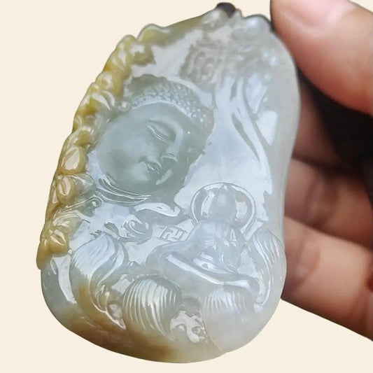 High Quality Yellow with Light Green Natural Type A Jadeite Jade crafted with Buddha and Monk as Pendant, certificate weigh 54.87 grams, measurement 71.6 * 35.6 * 9.5 mm (pendant262) Yi Pin Qian