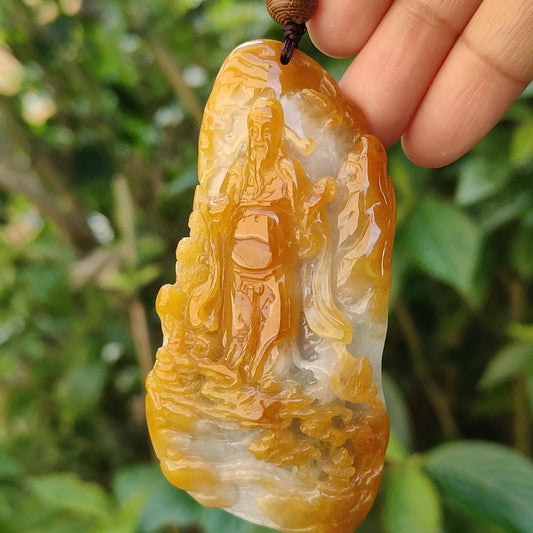 Premium Quality Yellow Natural Type A Jadeite pendant with fortune god, mountain and trees, symbolize the blessing of good fortune, eternal strength, and continuous growth, certificate weigh 77.61 g, 76.10 * 39 * 19.30 mm, symbol of prosperity (pendant81) Yi Pin Qian