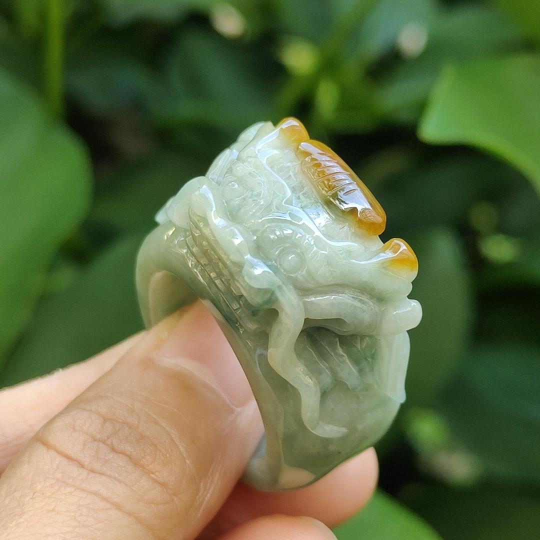 Green Hue Patches and Yellow Natural Type A Jadeite-Jade crafted as Dragon Ring with finger size 20.8mm, certificate weighs 26.8 grams, measurement 39.2 * 31.6 * 15.5 mm (ring12) Yi Pin Qian Jadeites Jade Jewelry ~Your Precious Quintessential ~ Singapore