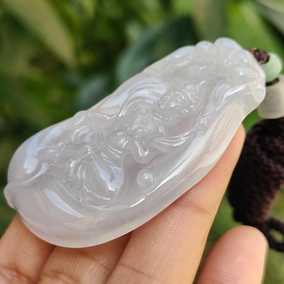 Semi Icy Rare Old School Natural Type A Jadeite Jade Pendant Necklace crafted as Manjushri Bodhisattva without Mount with certificate weigh 25.28 grams, 58 * 33.2 * 7.3 mm (pendant167) Yi Pin Qian