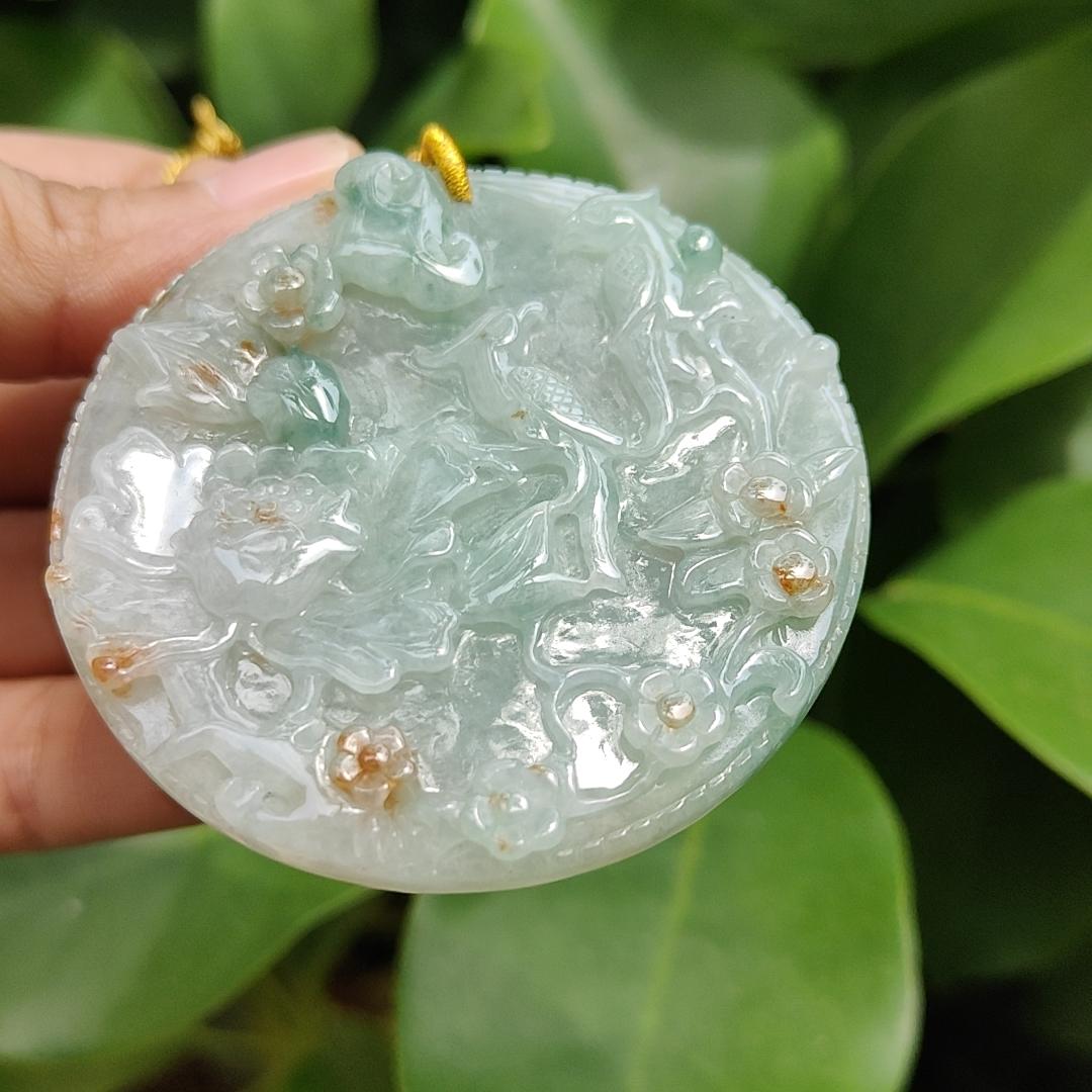 Crafted with Flowers and Birds on Light Green Hue with Green and Golden Yellow Patches Natural Type A Jadeite Jade as Pendant, certificate weighs 39.24 grams, measurement 56.3 * 56.3 * 7.2 mm (pendant307) Yi Pin Qian Jadeites Jade Jewelry ~Your Precious Quintessential ~ Singapore