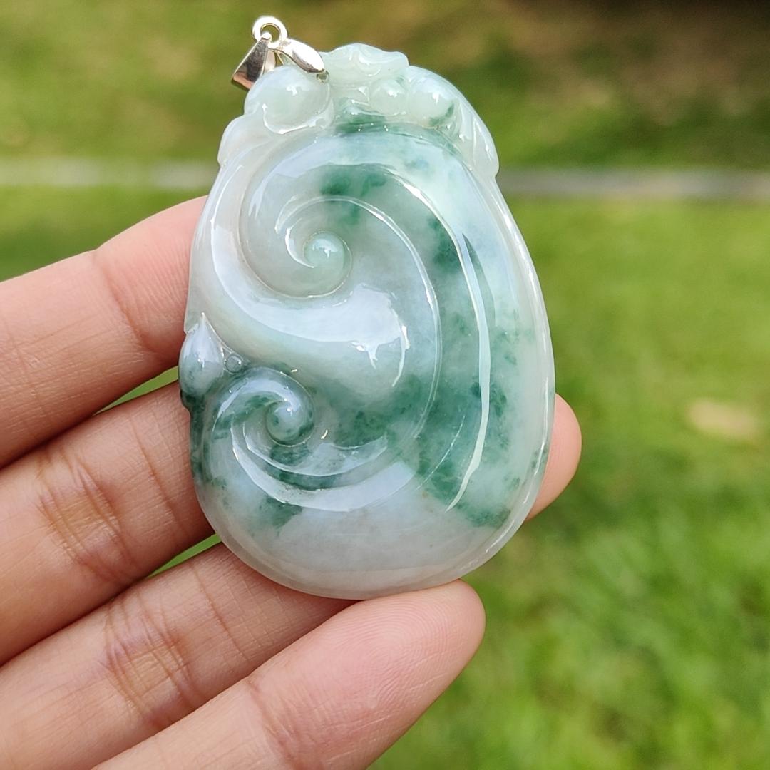 Special Offer, Green with Light Green Floating Flower (Piaohua) Natural Type A Jadeite Pendant Necklace crafted with Bat on Ruyi with certificate weigh 17.71 grams, 51.6 * 34.5 * 6 mm sysmbols of Happiness, auspiciousness (pendant103) Yi Pin Qian