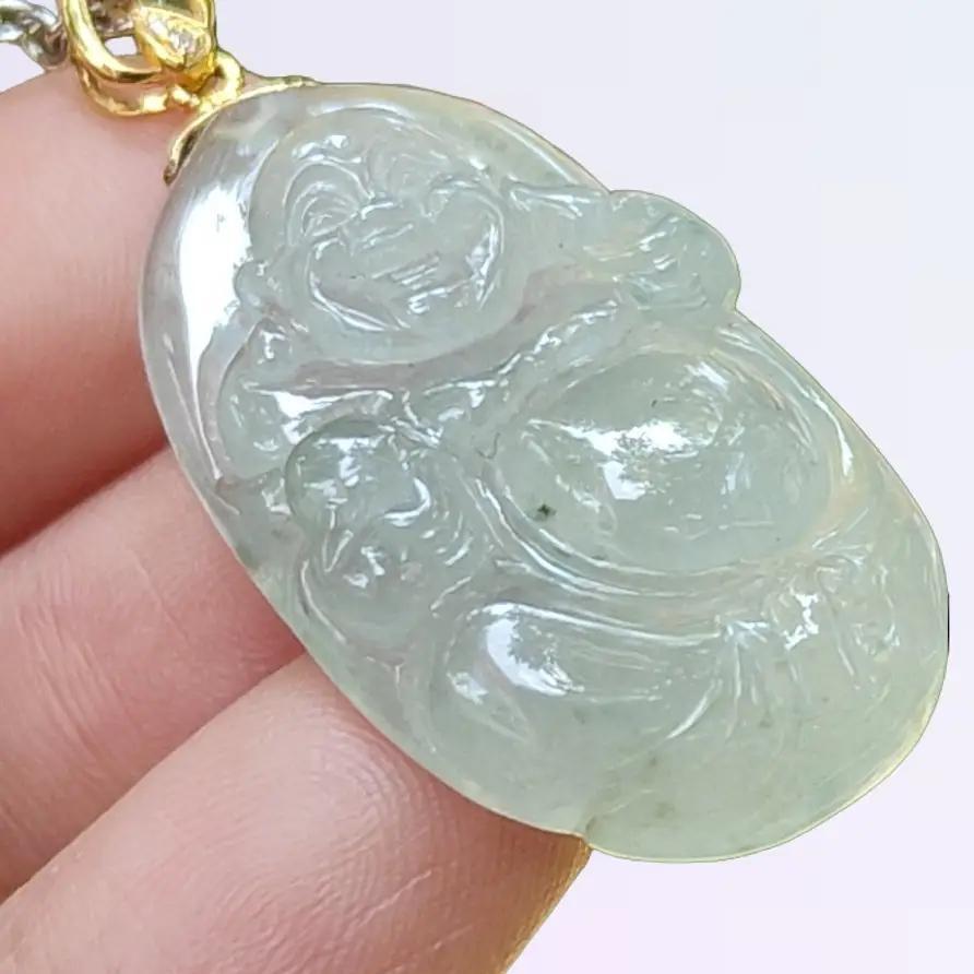 #Sold New Arrival Singapore High Quality Light Green Hue Natural Type A Jadeite Jade crafted as Milo Buddha set with 18k gold clasp as Pendant, certificate weighs 6.86 grams, measurement 30.2 * 17.5 * 6.8 mm (18kp70)