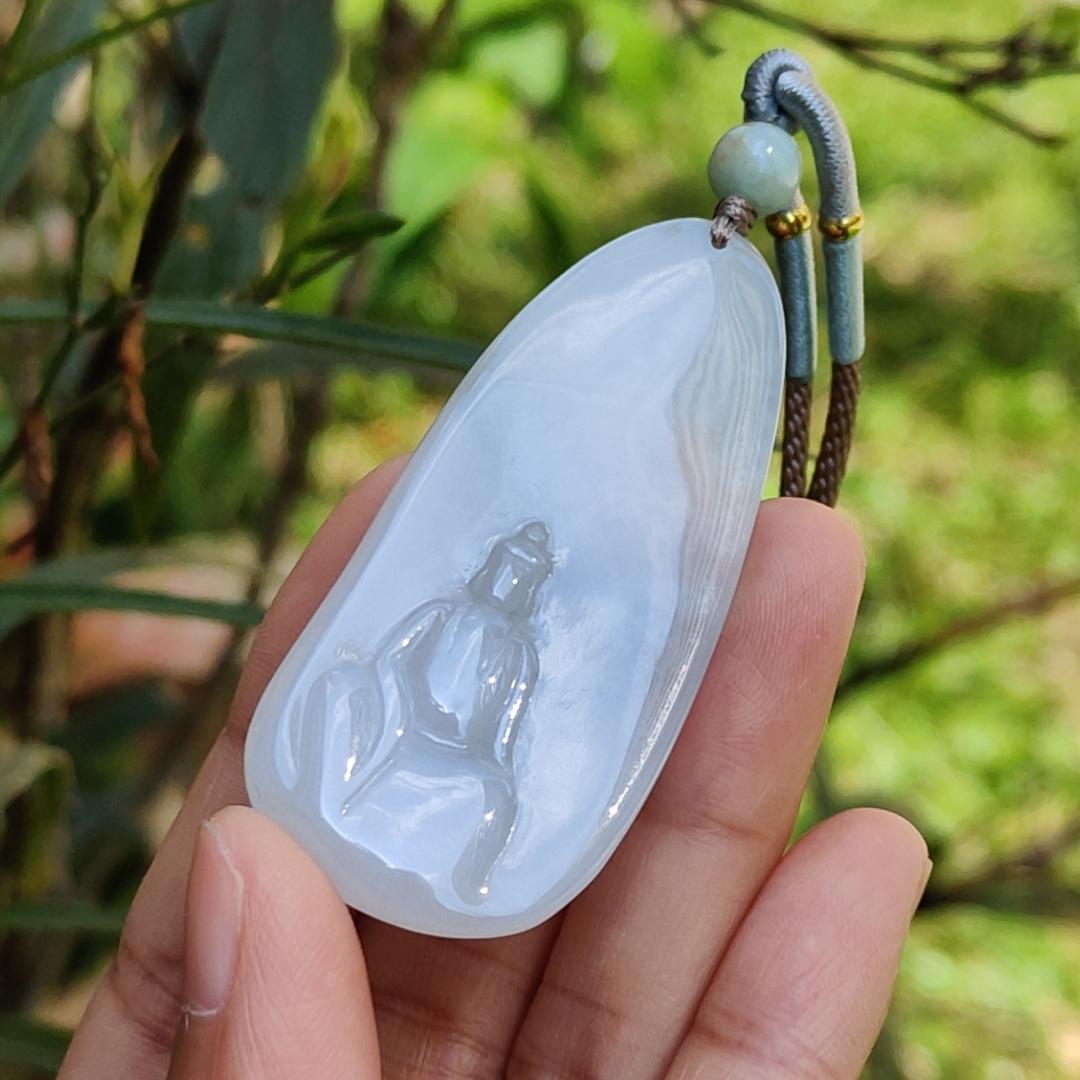 Crafted as the faceless buddha Semi Icy Natural Type A Jadeite Pendant Necklace with certificate weigh 14.03 grams, 58 * 26 * 4.9 mm, suitable for daily wear Yi Pin Qian
