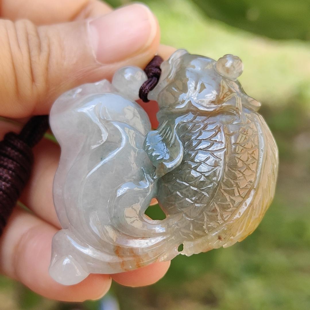 Round Sculpture Natural Type A Jadeite Pendant Necklace crafted as goldfish with light green and brown, symbols of Rich and auspicious, certificate included weigh 27.45 grams, 37.3 * 41.7 * 11.3 mm, very unique and rare for your collections (pendant33) Yi Pin Qian
