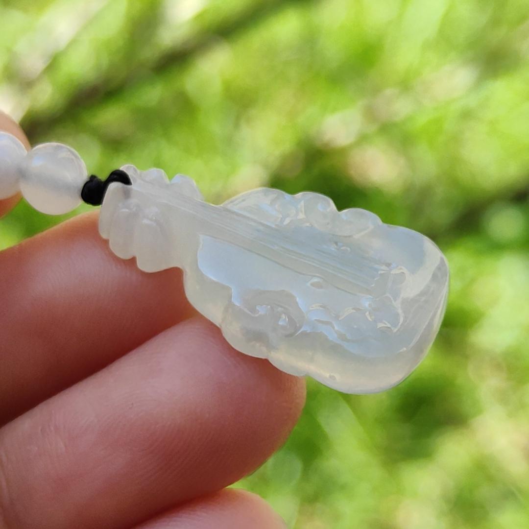 Super Rare Pure White Semi Icy Natural Type A Jadeite Jade crafted as Violin Pendant, certificate weighs 3.92 grams, measurement 27.7 * 15 * 5.3 mm (pendant256) Yi Pin Qian
