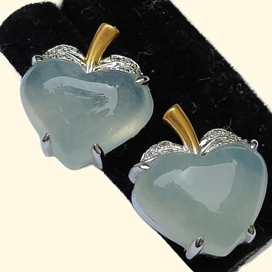 Heart Shape Icy Translucent Natural Type A Jadeite Jade Cabochons design as Apple shape with 18k stud earrings, certificate weighs 2.65 grams (18k06) Yi Pin Qian Jadeites Jade Jewelry ~Your Precious Quintessential ~ Singapore
