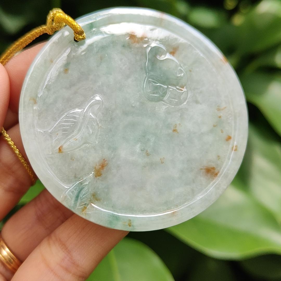 Crafted with Flowers and Birds on Light Green Hue with Green and Golden Yellow Patches Natural Type A Jadeite Jade as Pendant, certificate weighs 39.24 grams, measurement 56.3 * 56.3 * 7.2 mm (pendant307) Yi Pin Qian Jadeites Jade Jewelry ~Your Precious Quintessential ~ Singapore