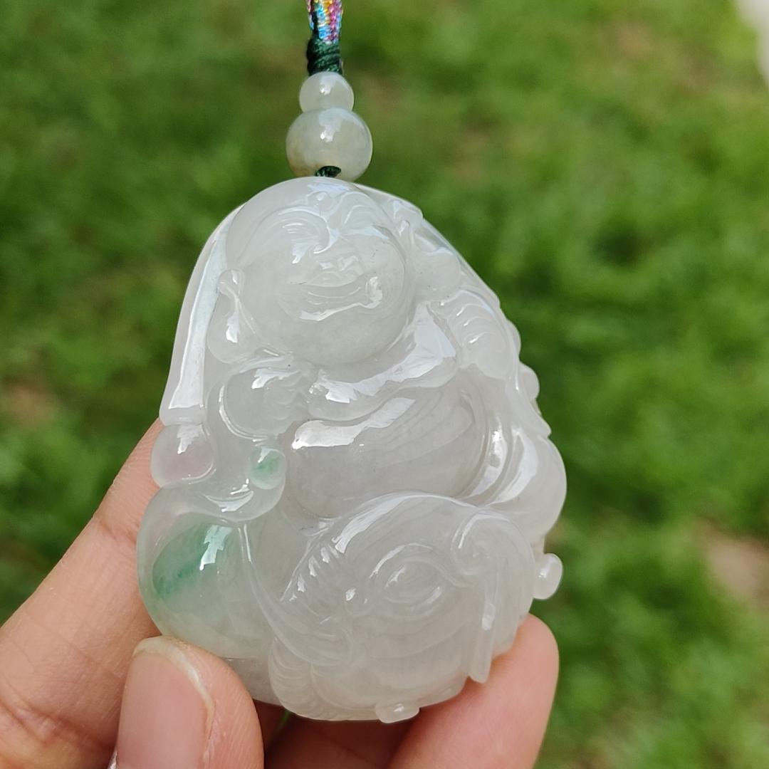 Crafted with Budai Laughing Buddha, Elephant and Ruyi Premium Semi Icy Natural Type A Jadeite with green patches Pendant Necklace with certificate weigh 45.38 grams, 50.5 * 44 * 12.3 mm (pendant160) Yi Pin Qian