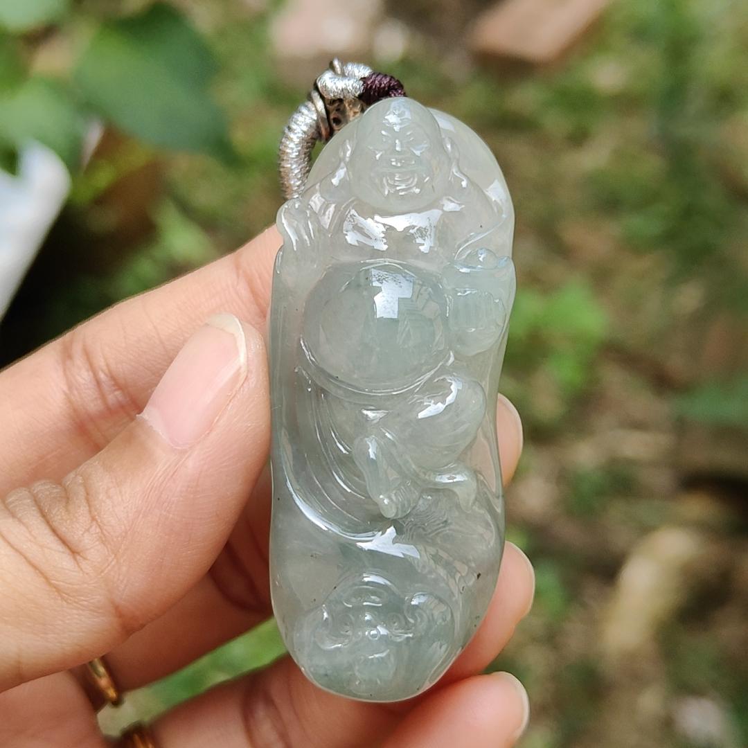 Premium Rare Semi Icy Natural Type A Jadeite Jade crafted with Milo Buddha as Pendant Necklace with certificate weigh 30.56 grams, measurement 56 * 23 * 12.8 (pendant207) Yi Pin Qian