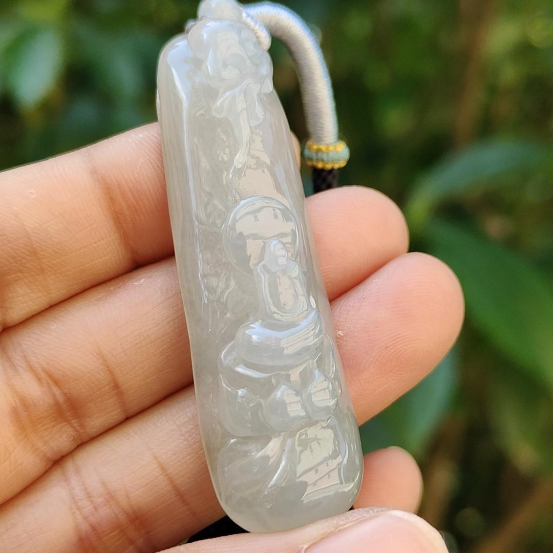 Semi Translucent Icy Natural Type A Jadeite Pendant carved with faceless buddha and lotus meaning Compassion and Wisdom , QIC labs approved certificate included weight 16.56 grams, 55.50 * 16.10 * 8.80 mm, very suitable for daily wear (pendant95) Yi Pin Qian
