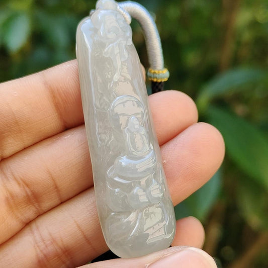 Semi Translucent Icy Natural Type A Jadeite Pendant carved with faceless buddha and lotus meaning Compassion and Wisdom , QIC labs approved certificate included weight 16.56 grams, 55.50 * 16.10 * 8.80 mm, very suitable for daily wear (pendant95) Yi Pin Qian