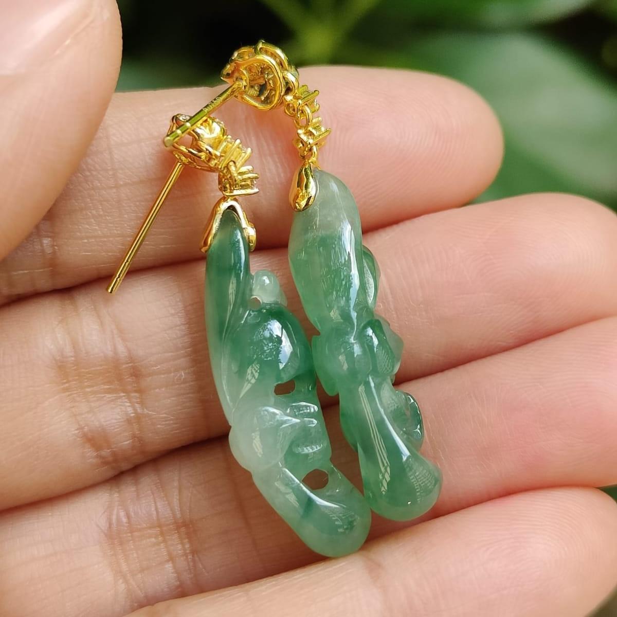 Icy Translucent Lotus Jadeite Stud Earrings – Natural Type A Jadeite, 18K with Diamonds, Symbol of Purity and Elegance (18k08) Yi Pin Qian Jadeites Jade Jewelry ~Your Precious Quintessential ~ Singapore