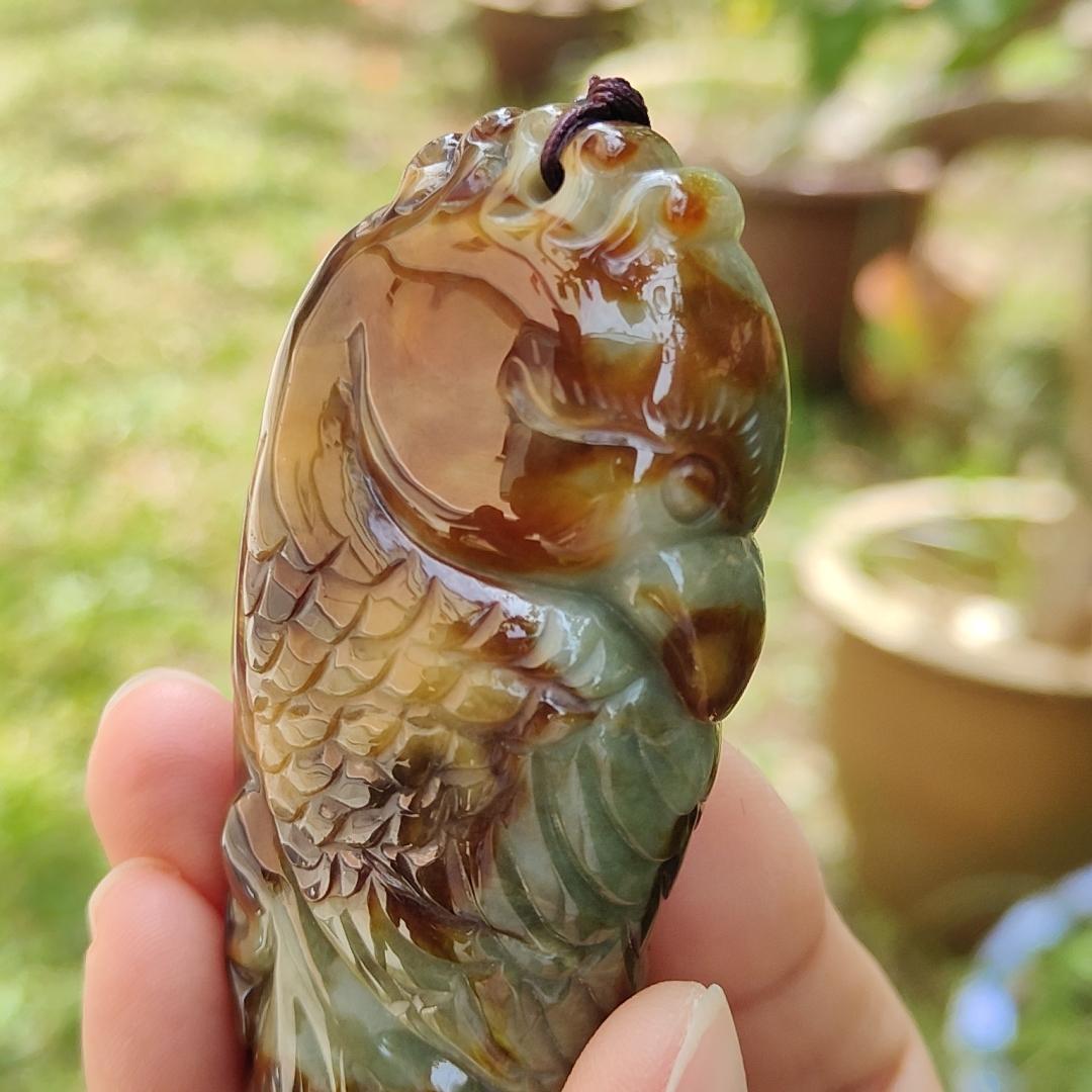 Rare Quality Brown, Redish and Green Natural Type A Jadeite Jade crafted with Parrot, can be use for display for as a hand-held piece with certificate weigh 133.29 grams, measurement 85.6 * 36.6 * 21 mm (hand3) Yi Pin Qian