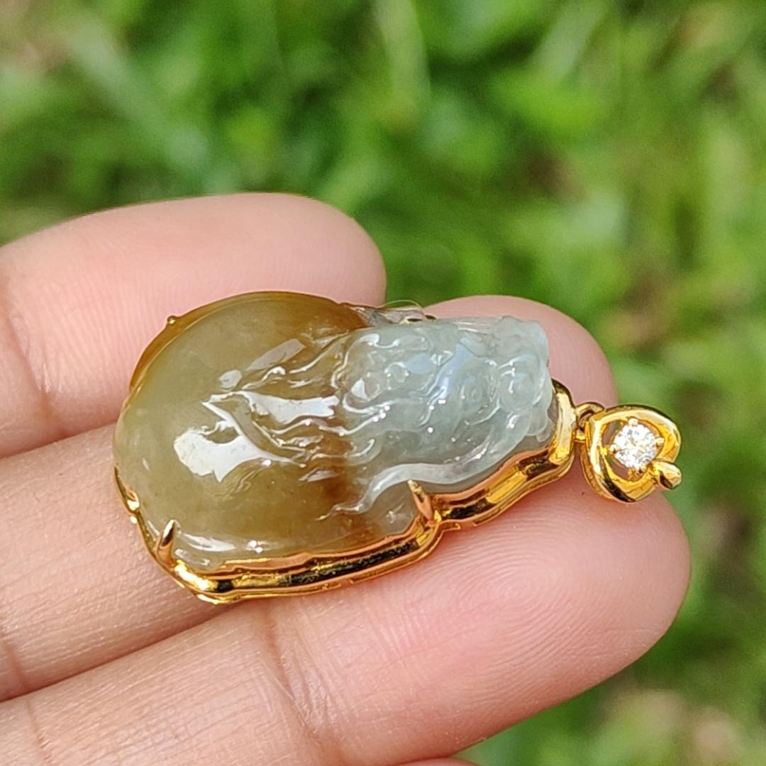 Yellow Natural Type A Jadeite Jade Pendant crafted as Dragon Turtle set on 18k gold with diamond, certificate weigh 6.69 grams, measurement 33.8 * 17.7 * 11.6 mm (18kp16) Yi Pin Qian