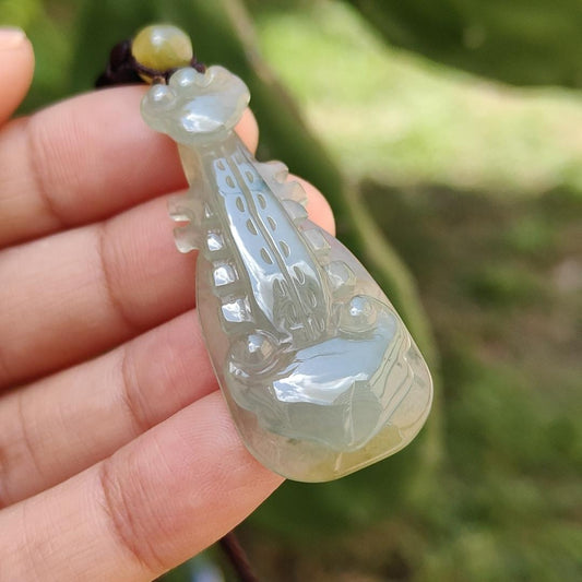 Semi Icy Rare Yellow and Green Natural Type A Jadeite Jade crafted as Ruyi musical instrument pipa as Pendant with certificate weigh 9.08 grams, measurement 45.3 * 18.7 * 6.6 mm (pendant226) Yi Pin Qian