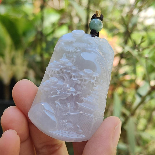 Light Lavender with red patches Natural Type A Jadeite Pendant Necklace crafted with fengshui scenery, certificate included weigh 44.44 grams, 60.8 * 36 * 9.8 mm (pendant104) Yi Pin Qian