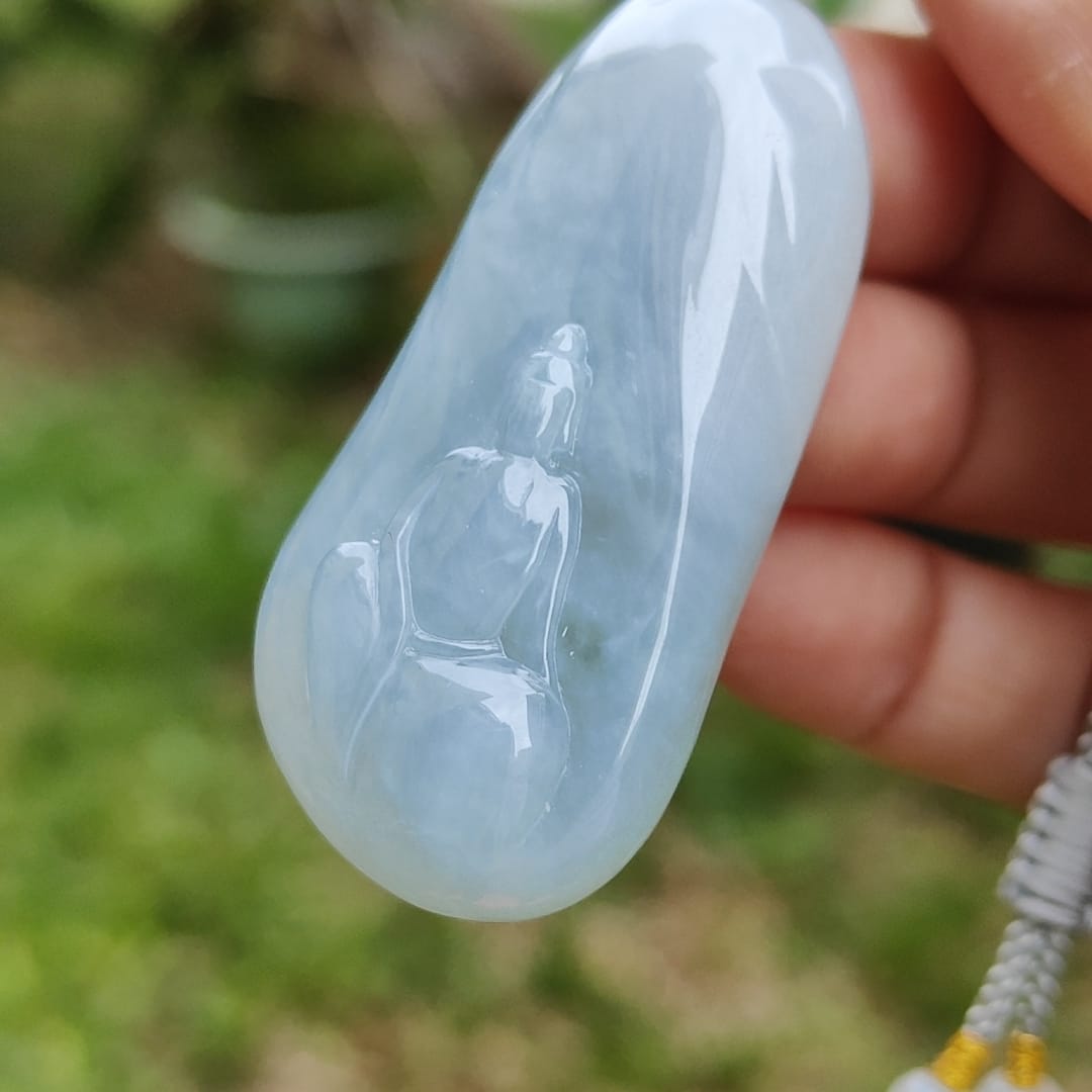Sky Blue Natural Type A Jadeite pendant with certificate faceless buddha weight 22.44 grams, 50.60 * 23.60 * 9.30 mm suitable for daily wear (pendant123) Yi Pin Qian