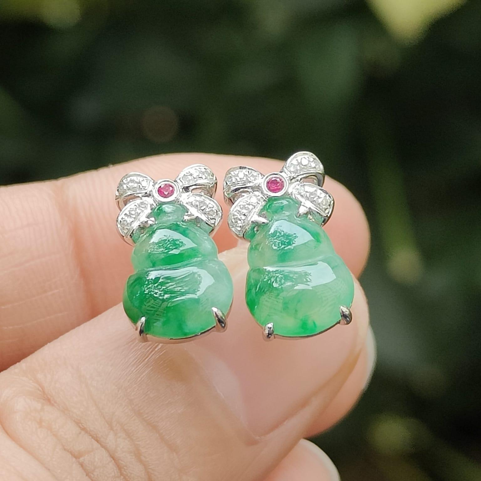 High Quality Light Green with Green Patches crafted as one pair of Gourd on Natural Type A Jadeite Jade as Stud Earrings Certificate weighs 2.38 grams (18k01) Yi Pin Qian Jadeites Jade Jewelry ~Your Precious Quintessential ~ Singapore