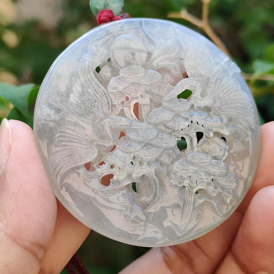 Highly Translucent Icy Natural Type A Jadeite Pendant Carved with Cranes, Pine Trees and Bamboo meaning Endurance, Perseverance and Never fading with Longevity, certificate included weighs 28.38 grams, 52.5 * 52.5 * 6.1 mm, for collection (pendant90) Yi Pin Qian